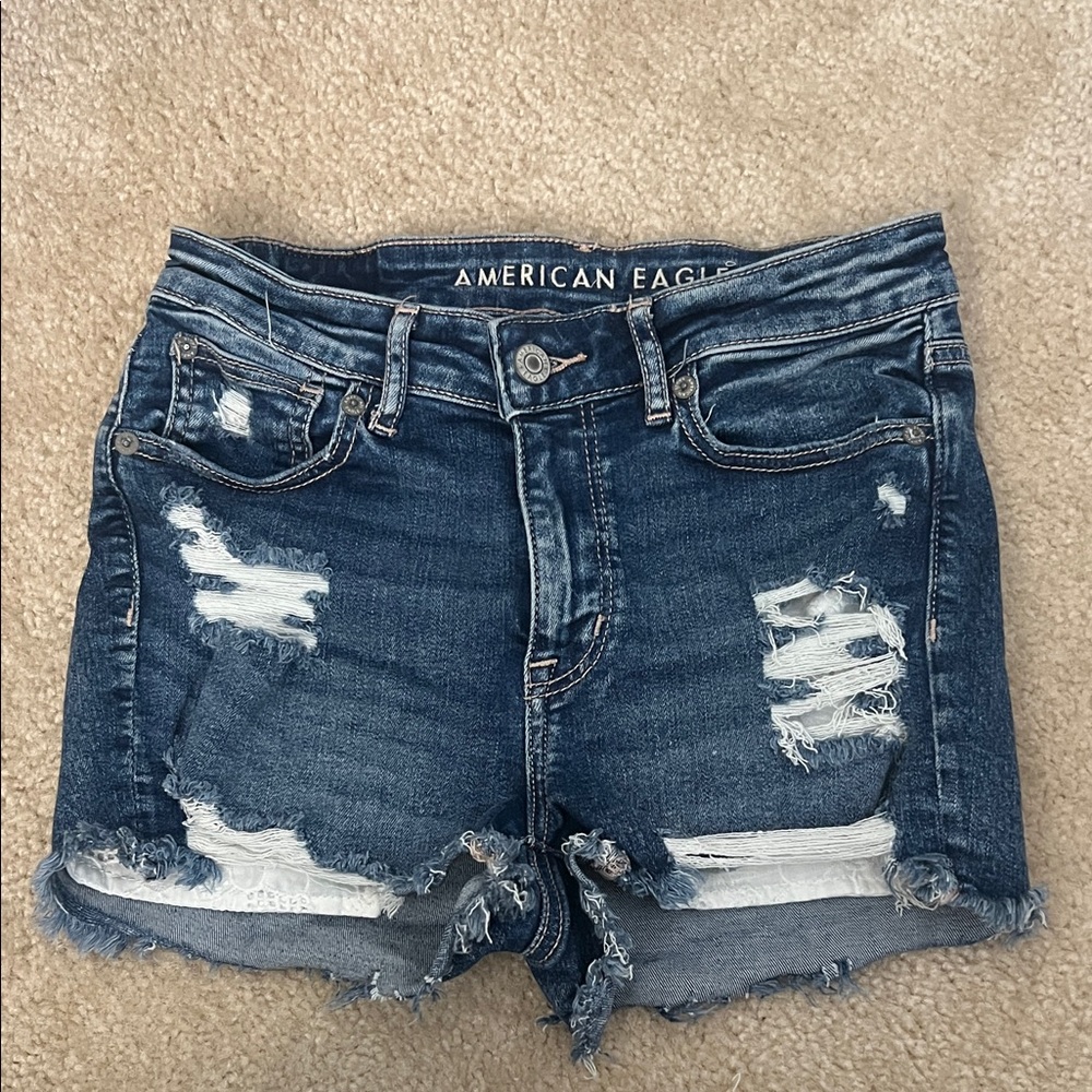American Eagle Outfitters Women's Ripped Jean Shorts - Dark Blue